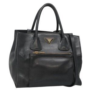 PRADA Hand Bag Leather 2way Black Gold Auth